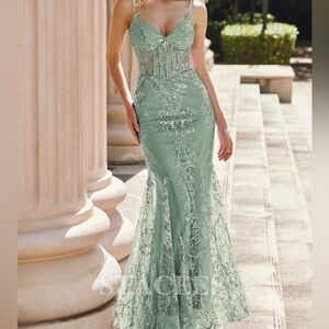 Mermaid V Neck Sleeveless Sweep Train Glitter Prom Dress with Sequins